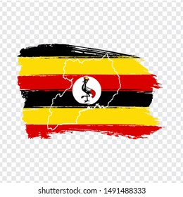 Flag Uganda from brush strokes and Blank map Uganda. High quality map Uganda and flag on transparent background.  Africa. Stock vector. Vector illustration EPS10.