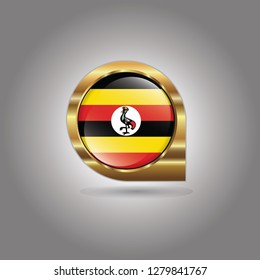 Flag of Uganda, button with the reflection of light and shadow, gold frame, Icon country. Realistic vector illustration on gray background.