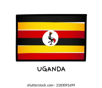 Flag of Uganda. Colorful Uganda flag logo. Black, yellow and red brush strokes, hand drawn. Black outline. Vector illustration isolated on white background.