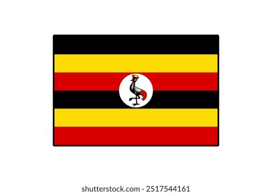 The flag of Uganda features three horizontal stripes: black, yellow, and red, along with the national emblem depicting a crowned crane in the center. It symbolizes unity and richness.