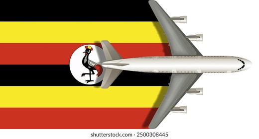 Flag of Uganda with a plane flying over it close up. Vector image.