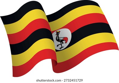 Bandeira de Uganda. Bandeira estilo fita que transmite uma sensação de movimento e efeito de ondulação. As curvas elegantes e sombreamento realista criam uma sensação de movimento. Ideal para projetos internacionais, materiais de viagem e apresentações culturais.
