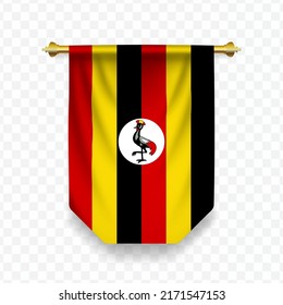 Bandera de Uganda. Ilustración vectorial de una bandera vertical colgante sobre un fondo transparente (PNG). 