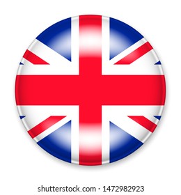 Flagge des Vereinigten Königreichs in Form eines runden Knopfes mit einer leichten Brille und einem Schatten. Das Symbol des Unabhängigkeitstags, ein Souvenir, ein Knopf zum Umschalten der Sprache auf der Website, ein Symbol.