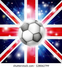 Flag of UK soccer background with pyrotechnic or light burst and soccer football ball in the centre