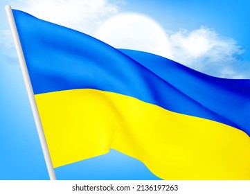 Flag of Ukraine against a clear blue sky. The symbol of patriotism of the Ukrainian nation, a blue-yellow silk banner, flutters in the rays of light. Vector 3d realistic illustration. Vector EPS10