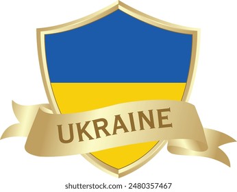 Flag of ukraine as around the metal gold shield with ukraine flag