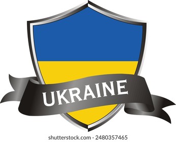 Flag of ukraine as around the metal silver shield with ukraine flag