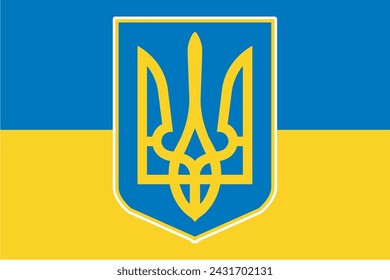 The flag of Ukraine in blue and yellow stripes with the national coat of armss trident emblem inset