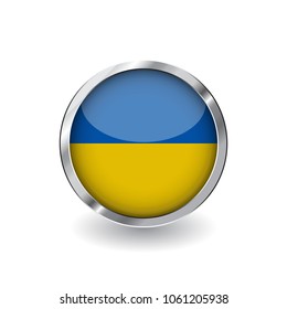 Flag of ukraine, button with metal frame and shadow. ukraine flag vector icon, badge with glossy effect and metallic border. Realistic vector illustration on white background.