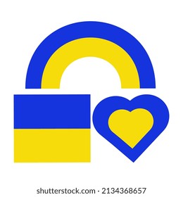 Flag of Ukraine colorize heart shape, rainbow. A symbol of solidarity with Ukraine during the war with Russia. Vector illustration