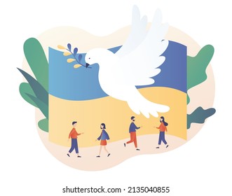 Flag of Ukraine with dove of peace. Stop war. Ukraine peace symbols. Stand with Ukraine. No war. Modern flat cartoon style. Vector illustration on white background