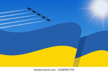 Flag of Ukraine and a fighter plane formation flying in the sky. 24th August Independence day Ukraine. Military aviation in the blue sky. Vector illustration