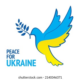 Flag of Ukraine in the form of dove of peace. No war symbol. Flying bird sign in blue and yellow. Pigeon with olive branch. The concept of peace in Ukraine. Save life concept. Vector eps8 illustration