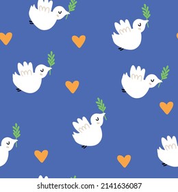 Flag of Ukraine in the form of a dove of peace vector seamless pattern. The concept of peace in Ukraine. Vector pattern isolated on blue background, ukraine hearts