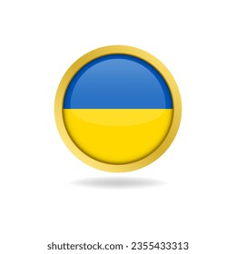 flag of Ukraine with golden frame, circle round glossy button, vector design, editable eps file