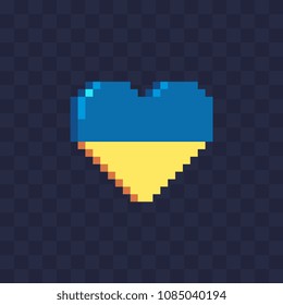 Flag of Ukraine in heart shape pixel art icon, Ukrainian national symbol of love. Embroidery, sticker, mobile app and logo design. 8-bit. Isolated vector illustration.