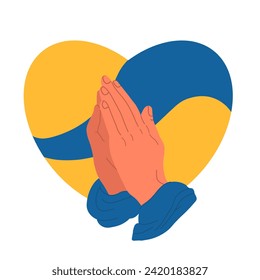 Flag of Ukraine with heart shape and praying hands. Flag of Ukraine. Pray for Ukraine - vector illustration