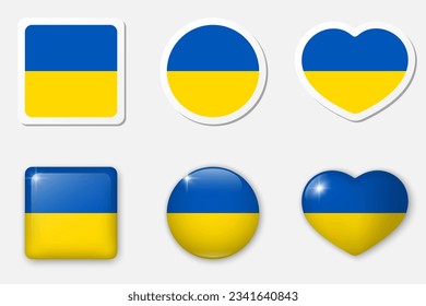 Flag of Ukraine icons collection. Flat stickers and 3d realistic glass vector elements on white background with shadow underneath.