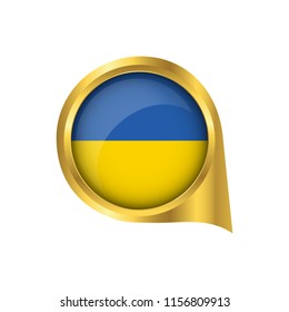 Flag of Ukraine, location map pin, pointer flag Ukraine, button gold, Icon country . Vector Illustration EPS10.