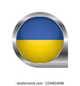 Flag of Ukraine, location map pin, pointer flag, button with the reflection of light and shadow, silver frame, Icon country. Realistic vector illustration on white background.