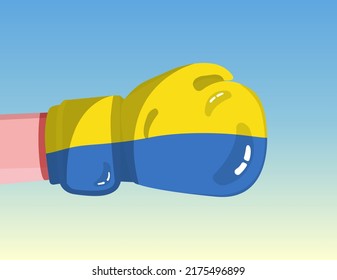 Flag of Ukraine on boxing glove. Confrontation between countries with competitive power. Offensive attitude. Separation of power. Template ready design.