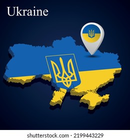 Bandera de Ucrania en un mapa de fondo oscuro. Ilustración del vector