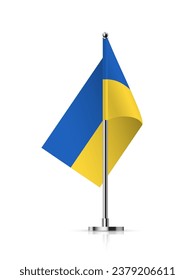 Flag of Ukraine on pole vector illustration. 3D realistic flagpole on mini steel vertical stand, isolated desktop flagstaff, blue and yellow Ukrainian flags with stripes on metal stick.