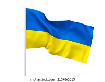 Flagge der Ukraine auf weißem Hintergrund. Das Symbol des Patriotismus der ukrainischen Nation, ein blaues und gelbes Seidenbanner, fluttert in den Strahlen des Lichts. Vektor 3d realistische Abbildung. EPS10-Vektor