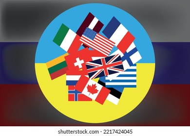 The flag of Ukraine and other countries on the background of the Russian one. anti-war coalition. Flags of the countries of the world. The world community in support of Ukraine.