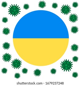Flag of Ukraine with outbreak deadly coronavirus covid-19. Banner with the spread of Coronavirus 2019-nCoV virus strain. A large coronavirus bacteriums against background of the national flag Ukraine.