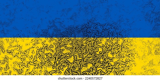 Flag of Ukraine with an overlaid texture of frost on glass. The concept of a possible power outage due to terror by the Russian army and as a result of freezing the entire country in winter