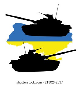Die Flagge der Ukraine ist auf einem Hintergrund mit Panzern gemalt. Beziehungen zwischen der Ukraine und Russland