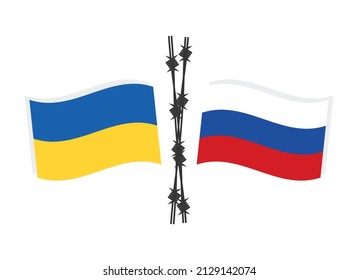 Bandera de ucrania y vector de iconos de rusia. Símbolo ruso del conflicto de guerra ucraniano. Ucrania Rusia y vector de alambre de púas aislado en un fondo blanco