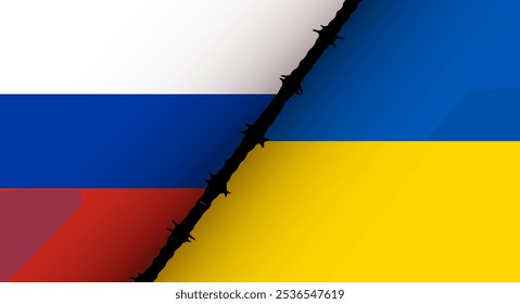 A bandeira da Ucrânia e da Rússia é separada por arame farpado Conceito de conflito militar, guerra, invasão, de parcerias , comércio, parceria estratégica, sanções, deveres na Europa.	