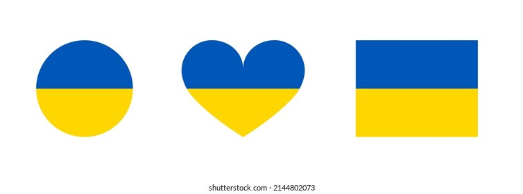 Bandera de Ucrania en forma de círculo, corazón y rectángulo. Ilustración vectorial de un emblema, placa, icono, símbolo, elemento de apoyo a Ucrania.