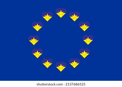 Flagge der Ukraine in Form eines Herzens auf dem Hintergrund der Flagge der Europäischen Union.Ukraine und EU-Konzept. Vektorgrafik.
