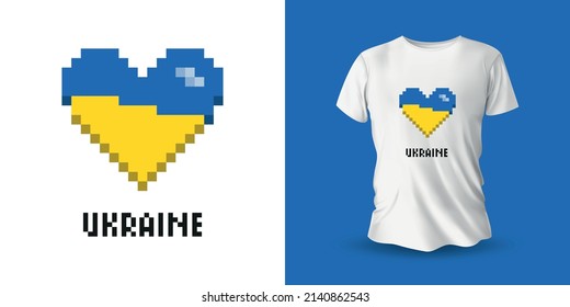 Flag of Ukraine in the shape of a heart pixel art vector illustration for t-shirt.. Ukrainian national symbol. Stop the war. Pixel art vector illustration for t-shirt. Graphic t-shirt design.