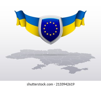 flag Ukraine and shield EU. Realistic 3d Ukrainian illustration with flag of Ukraine and shield of European Union isolated on white background. Europe map. European Union Pray for Ukraine banner