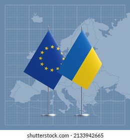 flag Ukraine and shield EU. Realistic 3d Ukrainian illustration with flag of Ukraine and shield of European Union isolated on white background. Europe map. European Union Pray for Ukraine banner