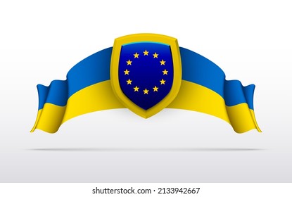 flag Ukraine and shield EU. Realistic 3d Ukrainian illustration with flag of Ukraine and shield of European Union isolated on white background. Europe map. European Union Pray for Ukraine banner