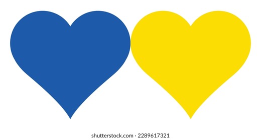Flag of Ukraine. Two hearts are touching each other. Two Blue and Yellow hearts. National Symbol. Ukrainian Flag Symbol. Ukrainian Country Symbol. Blue and Yellow Illustration. Stock Vector.