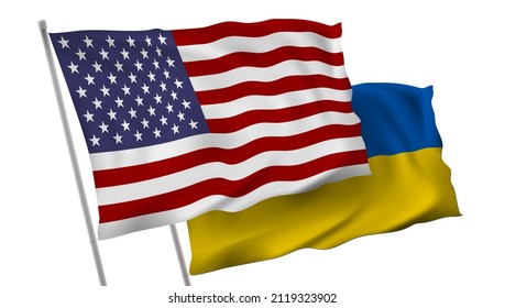 La Bandera De Ucrania Bajo La Bandera De Estados Unidos En El Polo En El Viento. Vector EPS10