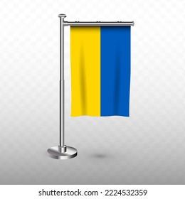 Flag of Ukraine. Vector illustration of a vertical hanging flag with flagpole on a transparent background (PNG).