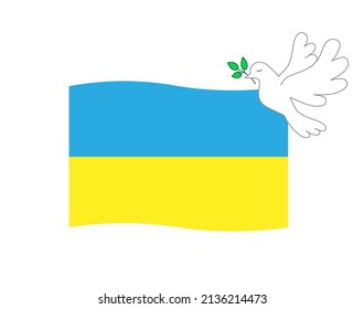 Flag of Ukraine, white dove as a symbol of peace. White dove with a green branch. Blue and yellow symbols of Ukraine