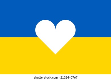 Flag of Ukraine with white heart on its background. Support for Ukraine