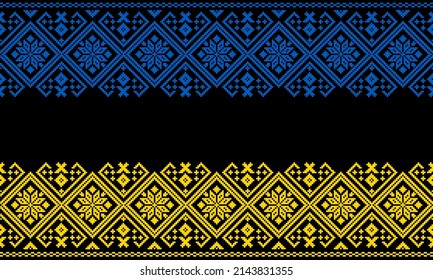 Flag of Ukraine yellow and blue pattern background. Ukrainian ornament. Ornaments embroidered on clothes. Flag of Ukraine embroidered on a black background.  handmade cross-stitch