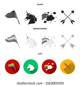 Flag, unicorn symbol, arrows with heart.Gay set collection icons in black, flat, monochrome style vector symbol stock illustration web.