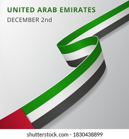 Bandera de los Emiratos Árabes Unidos. 2 de diciembre. Ilustración vectorial. Cinta ondulada sobre fondo gris. Día de la Independencia. Símbolo nacional. Plantilla de diseño gráfico