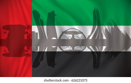 Flag of United Arab Emirates with Abu Dhabi skyline - vector illustration